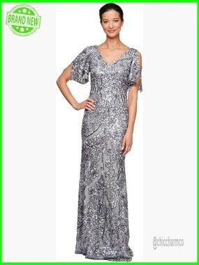 Long Sequin Formal Dress Cold Shoulder Flutter Sleeves A-Line V-Neck